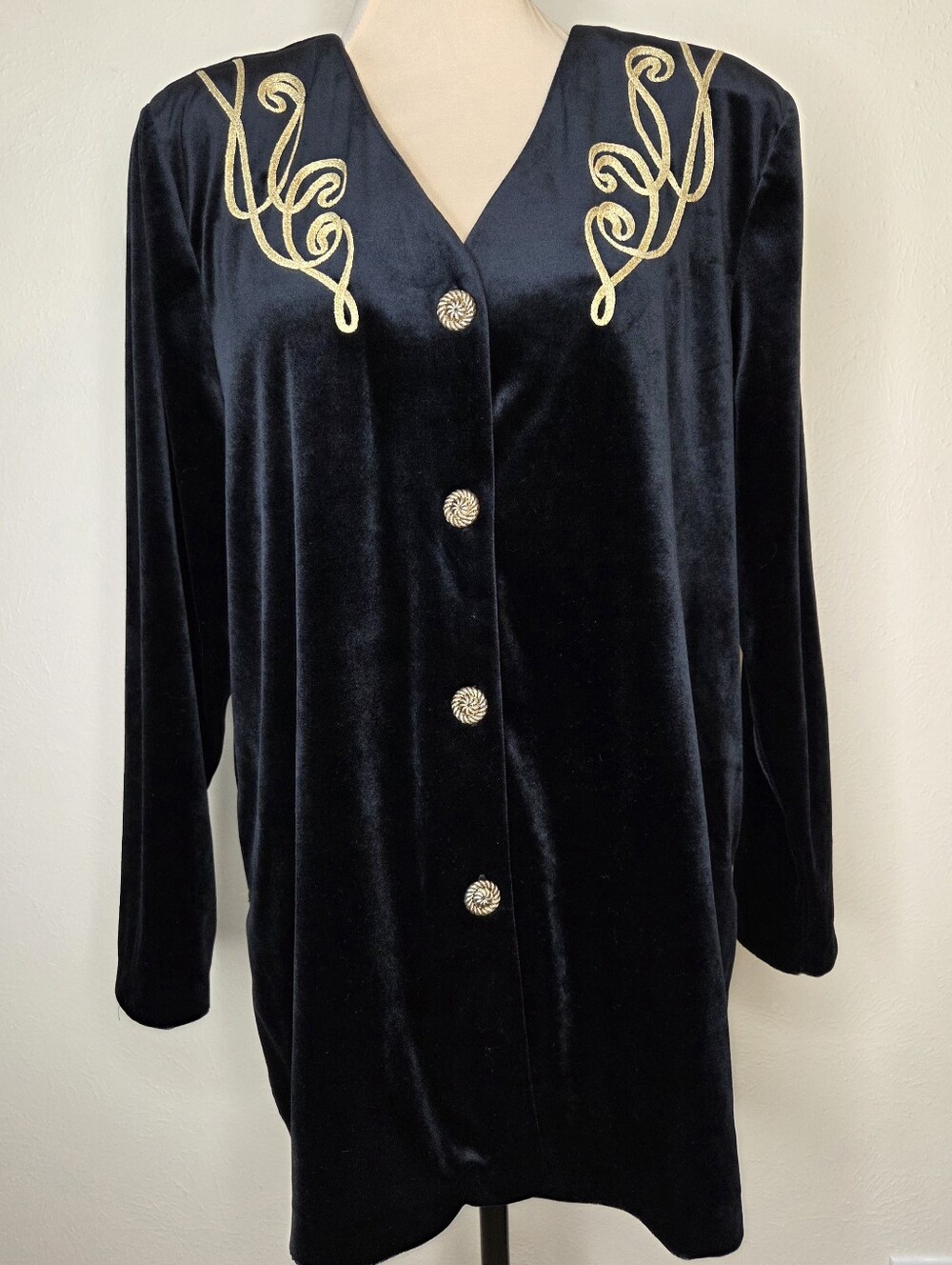 Vintage 90s Black Velvet Gold Soutache Embroidered Jacket Top Large Glam